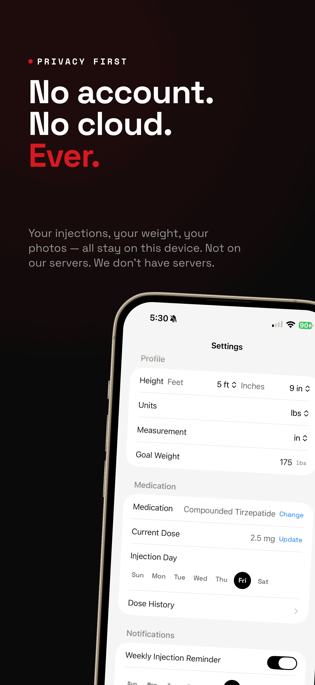 Settings screen with profile, medication, and notification preferences, all stored locally.