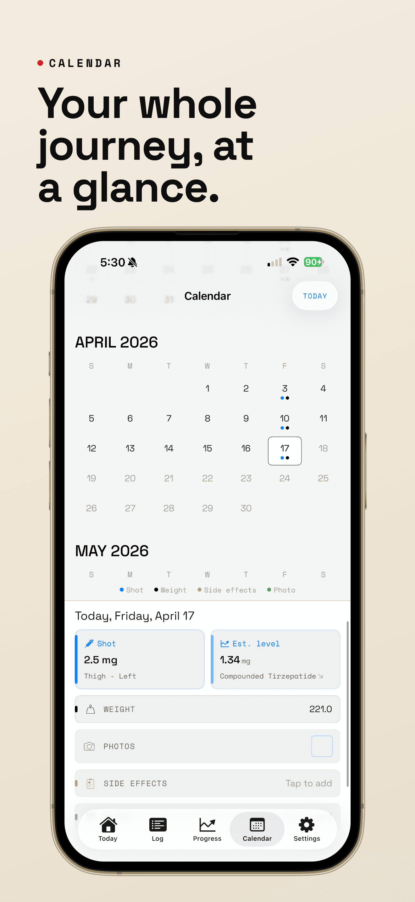 OffGrid Dose Calendar tab showing dot markers on days with shots, weight, side effects, and photos, with a detail sheet for the selected day.
