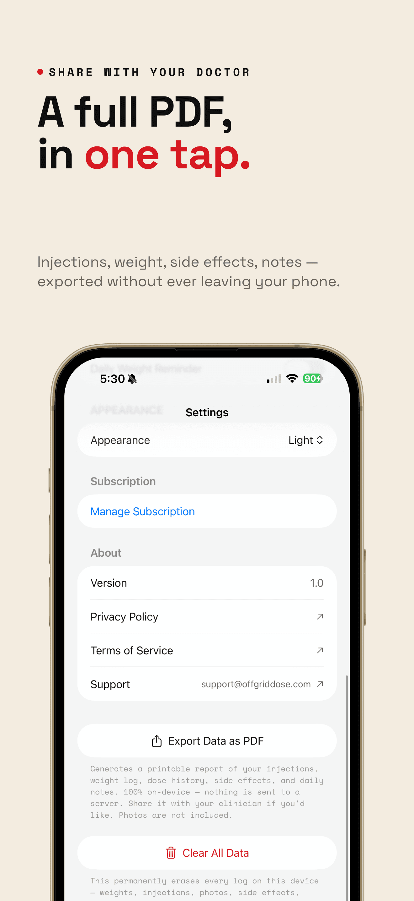OffGrid Dose Settings screen with the Export Data as PDF and Clear All Data options visible.